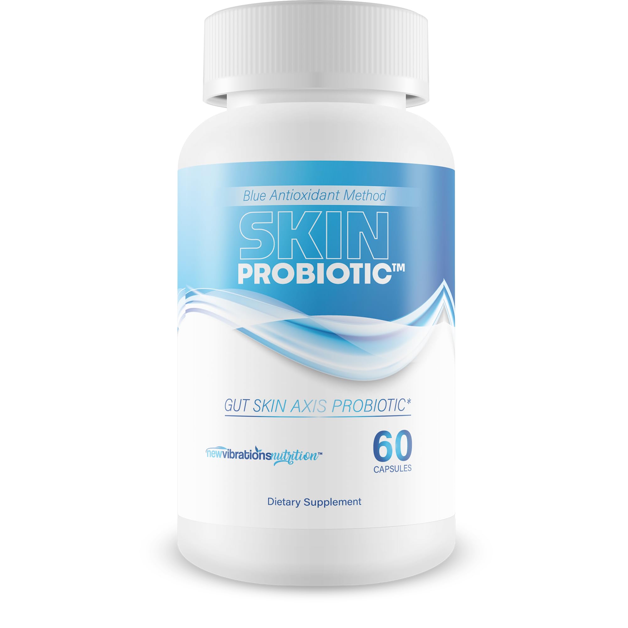 New Vibrations Nutrition Skin Probiotic Blue Antioxidant Method bottle front for hydrated skin