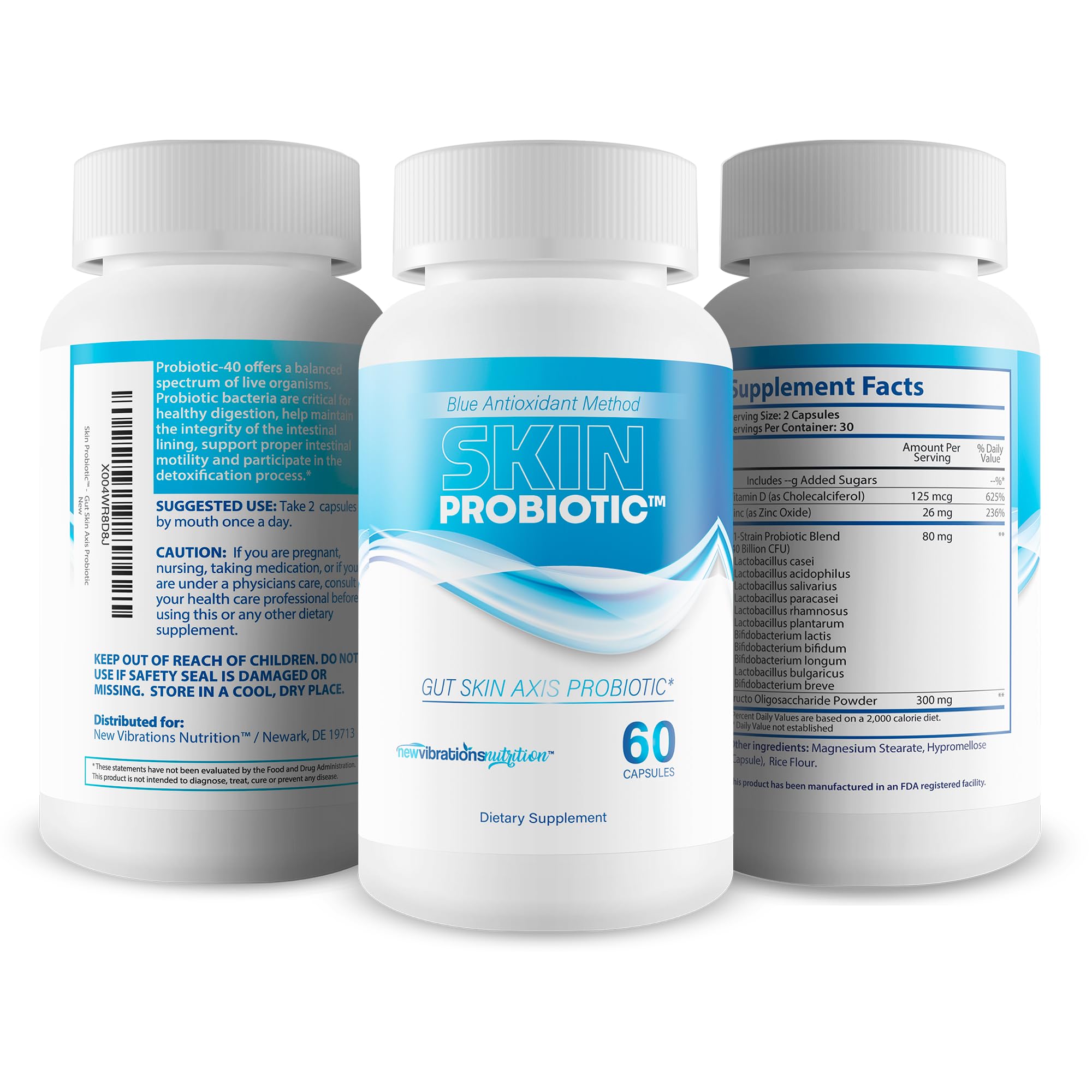 New Vibrations Nutrition Skin Probiotic Blue Antioxidant Method capsules closeup