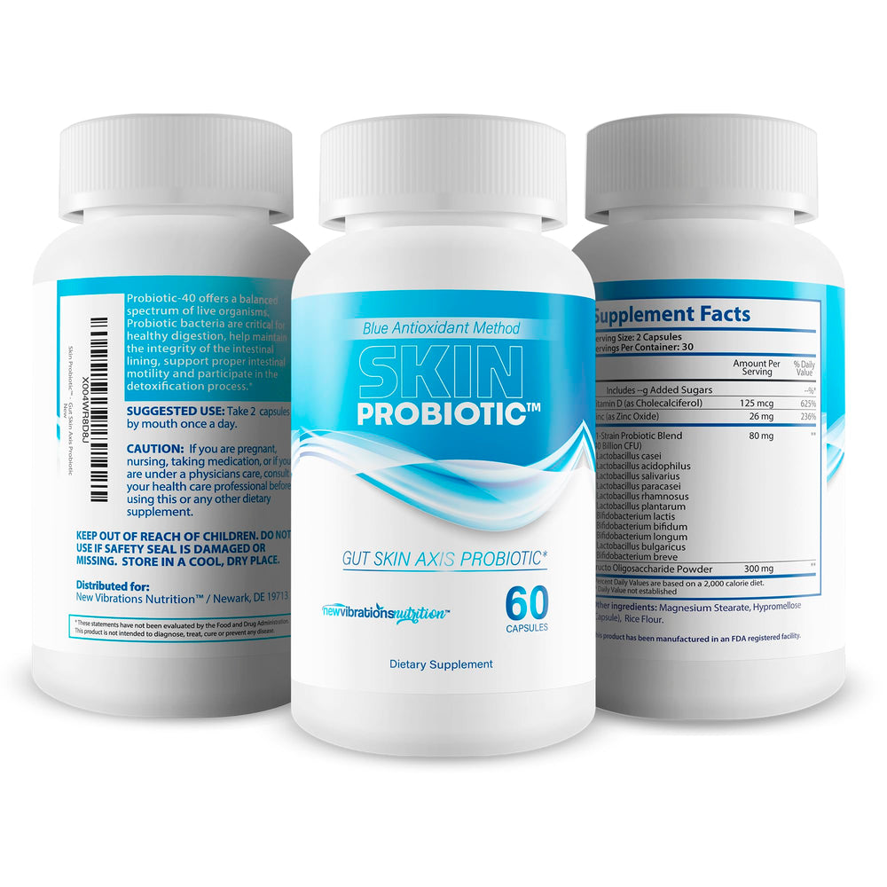 New Vibrations Nutrition Skin Probiotic Blue Antioxidant Method capsules closeup