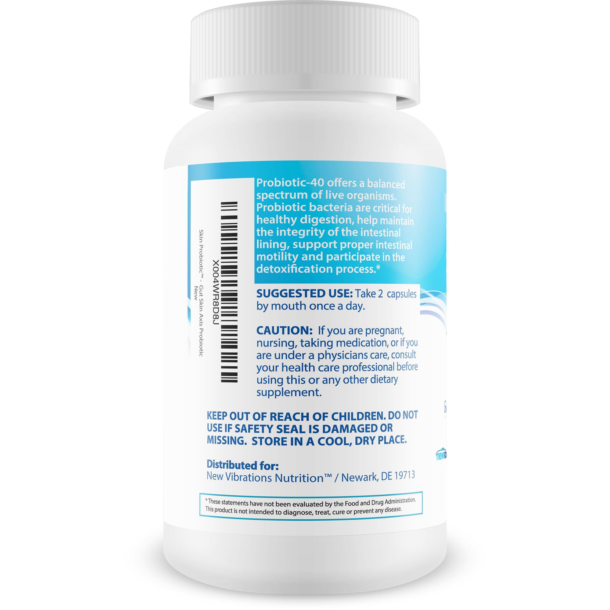 New Vibrations Nutrition Skin Probiotic Blue Antioxidant Method packaging box highlights product benefits
