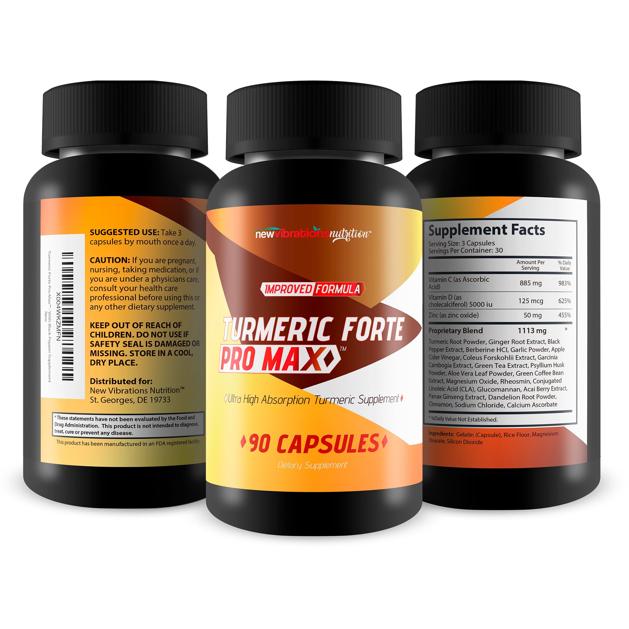 New Vibrations Turmeric Forte Pro Max label focusing on zinc and vitamin C