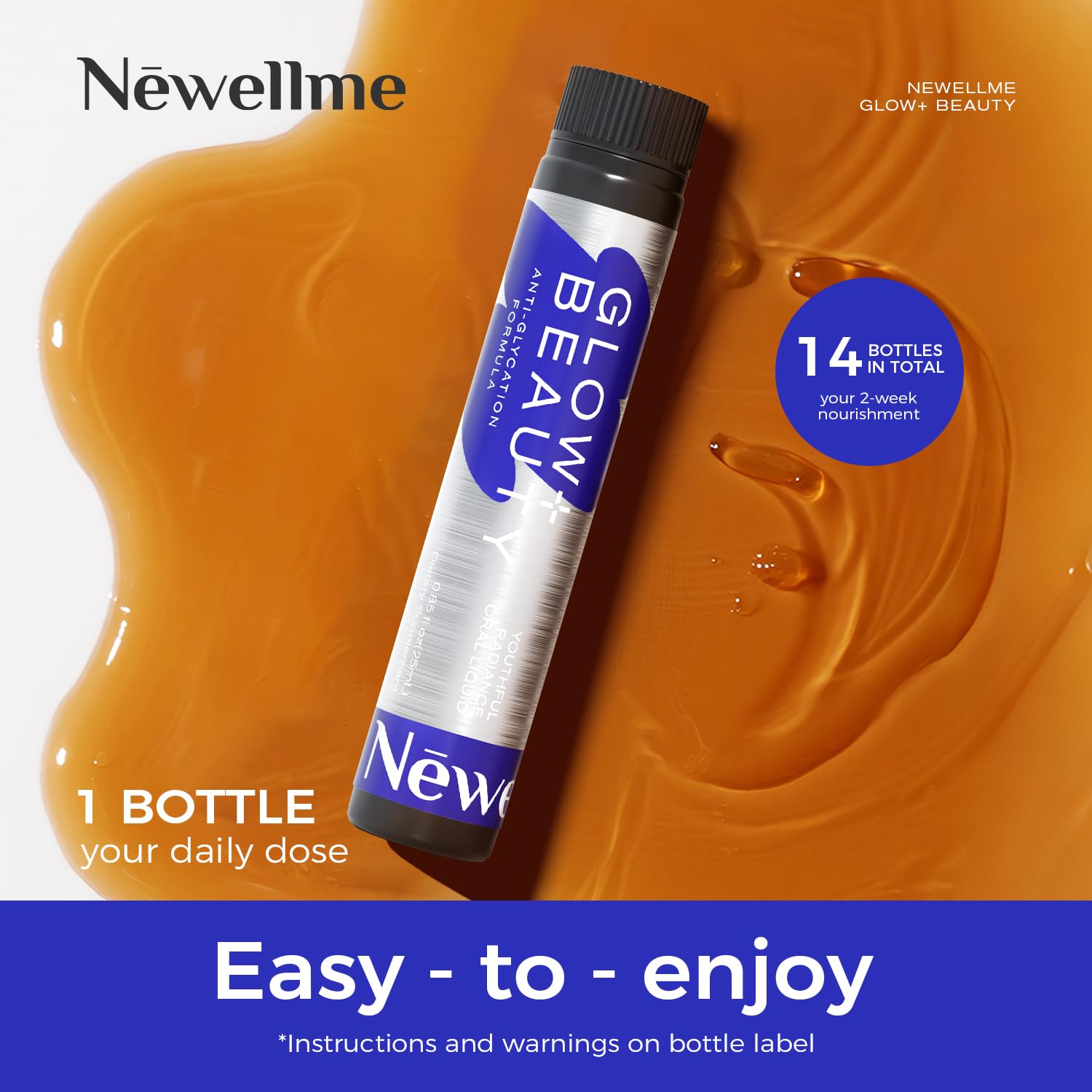 NEWELLME Glow+Beauty Drink bottle on a vanity with hair and nails care theme