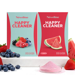 NewellMe Happy Cleaner powder front label showing vegan sugar-free gut health benefits