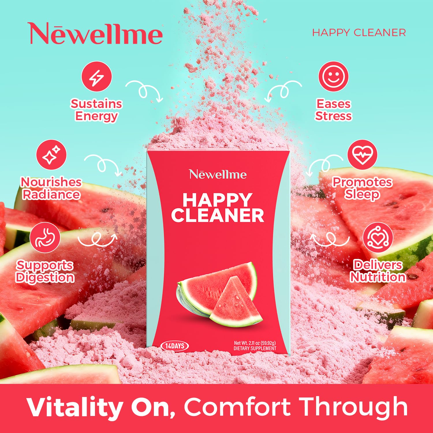 NEWELLME Happy Cleaner Powder smooth mix shown for easy daily use.