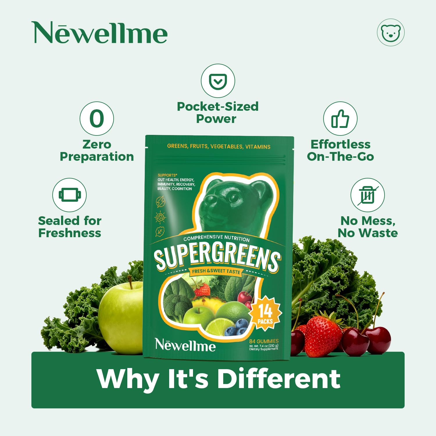 NewellMe Super Greens Gummies closeup, juicy texture inviting daily greens.