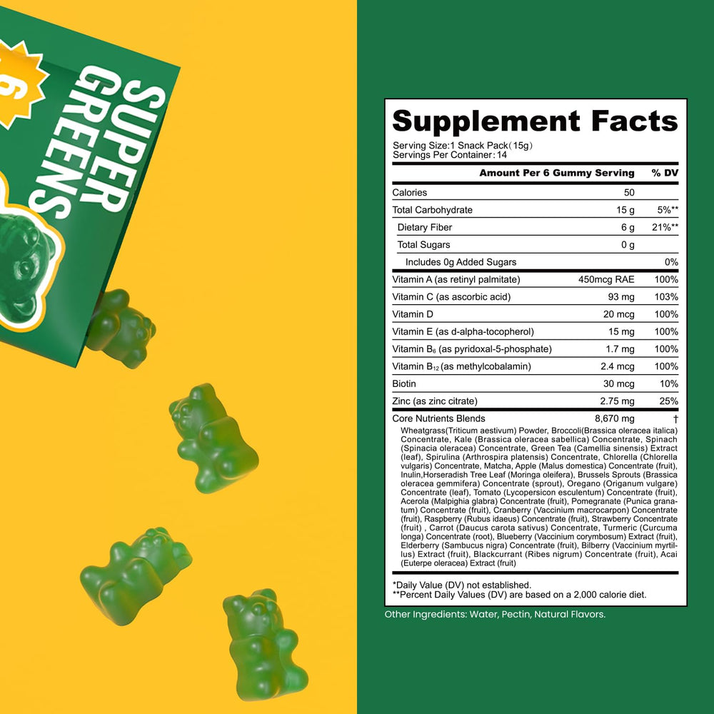 NewellMe Super Greens Gummies on-the-go pack, snack-friendly source of greens.