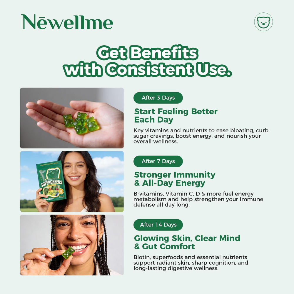 NewellMe Super Greens Gummies grab-and-go packs, ideal for on-the-go nutrition.