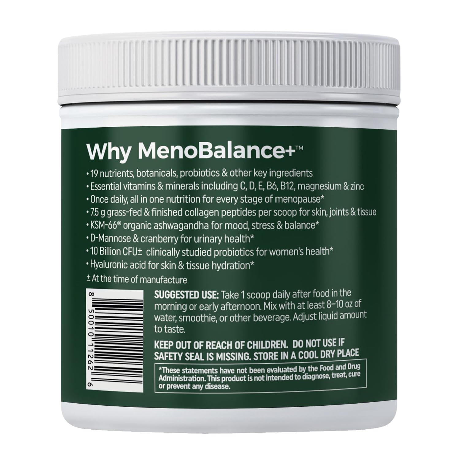 NewLife Naturals MenoBalance+ collagen peptides bottle showing 7.5 g dose