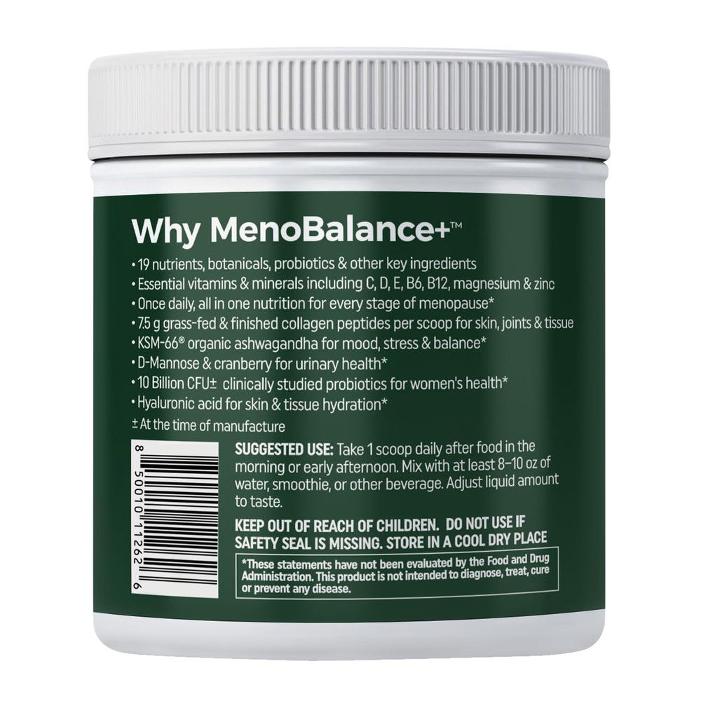 NewLife Naturals MenoBalance+ collagen peptides bottle showing 7.5 g dose