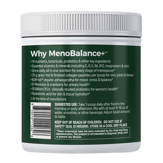 NewLife Naturals MenoBalance+ collagen peptides bottle showing 7.5 g dose