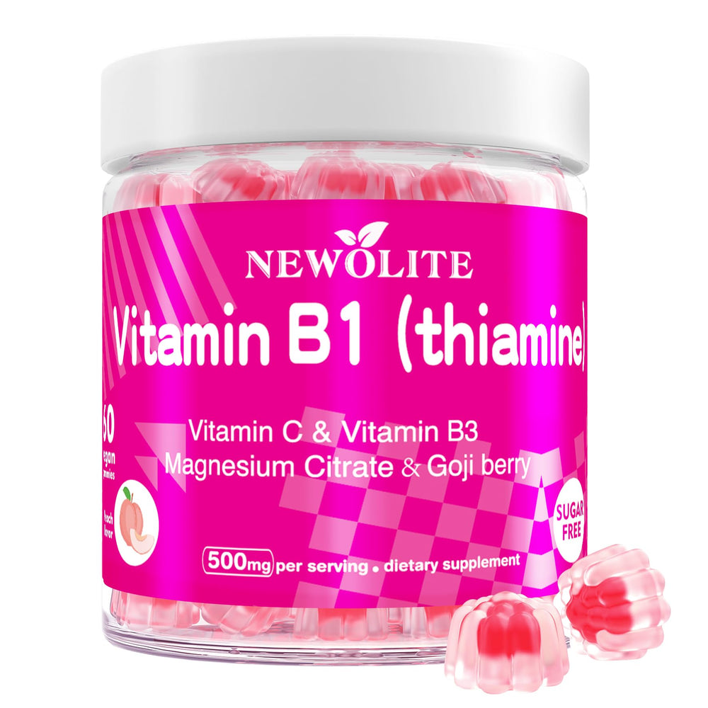 NEWOLITE B1 gummies peach bottle pour highlight convenient vitamin intake for adults and kids.