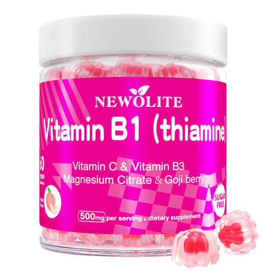 NEWOLITE B1 gummies peach bottle pour highlight convenient vitamin intake for adults and kids.