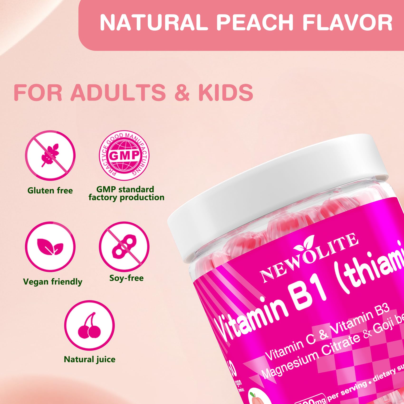 NEWOLITE B1 gummies vegan non-GMO label signals clean, plant-based friendly supplement.