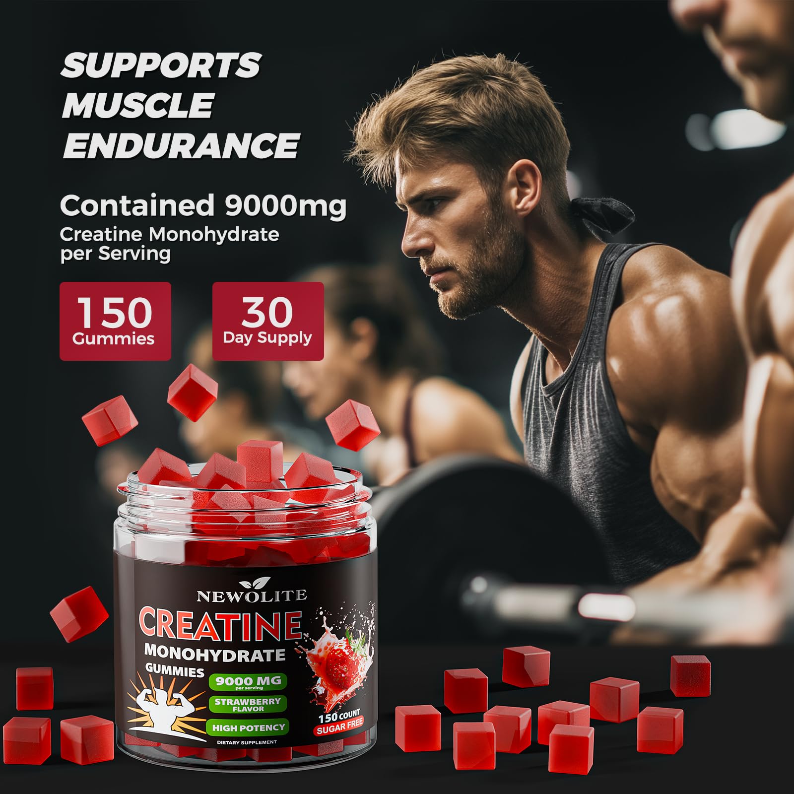 NEWOLITE Creatine Monohydrate Gummies packaging with 150-count bottle on shelf.