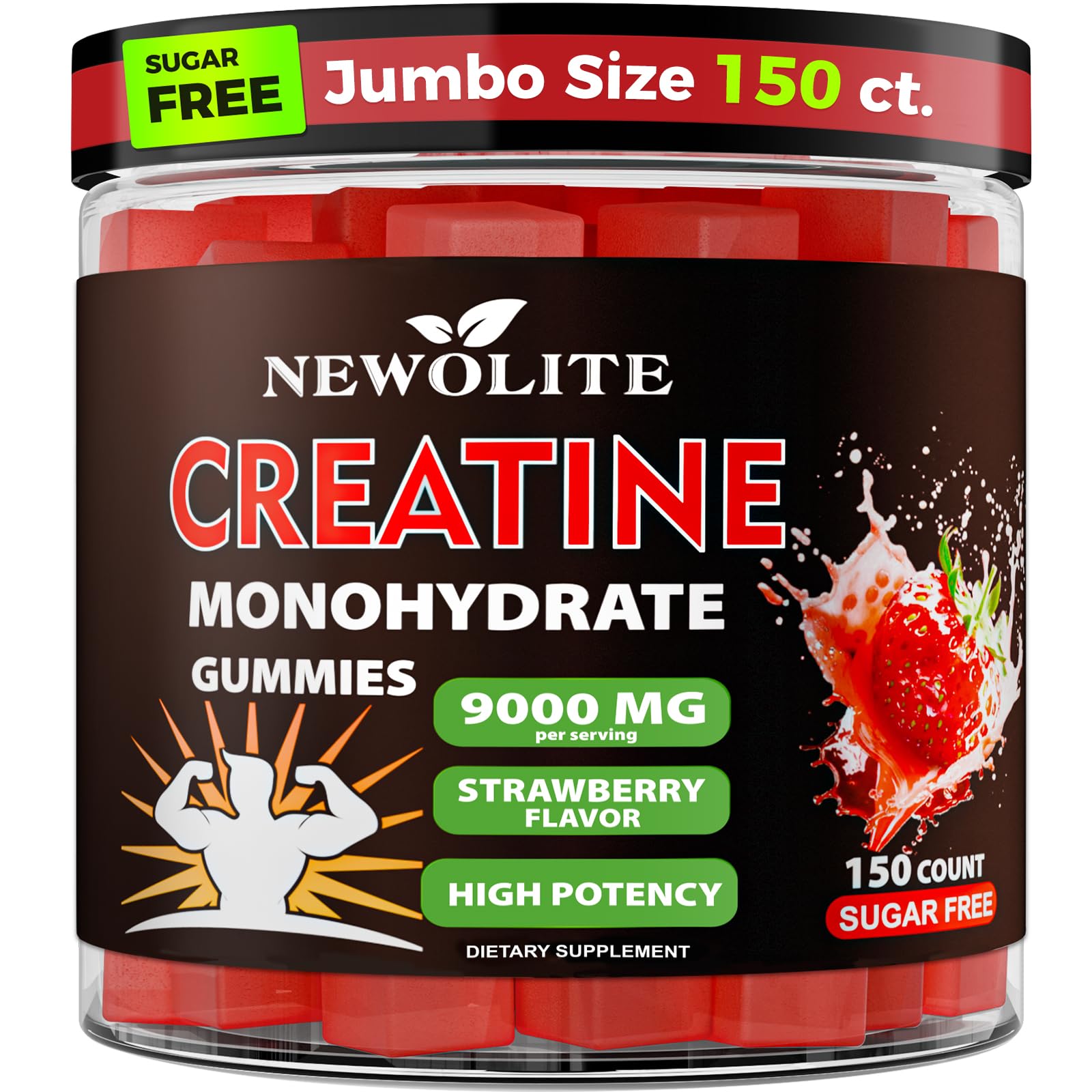 NEWOLITE Creatine Monohydrate Gummies bottle with strawberry flavor for daily supplement use.