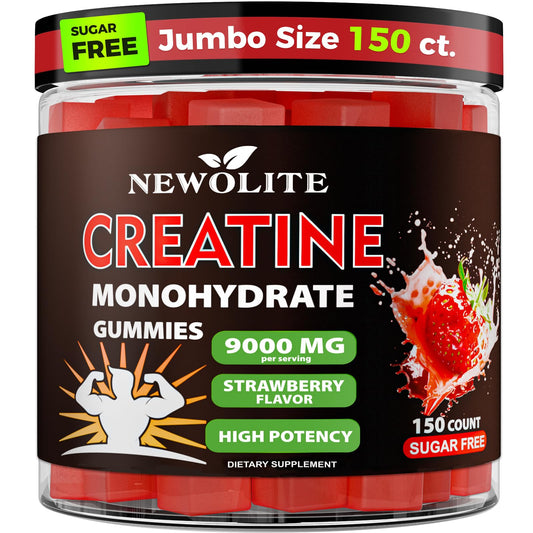 NEWOLITE Creatine Monohydrate Gummies bottle with strawberry flavor for daily supplement use.
