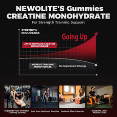 NEWOLITE Creatine Monohydrate Gummies next to a glass of water highlighting sugar-free formula.