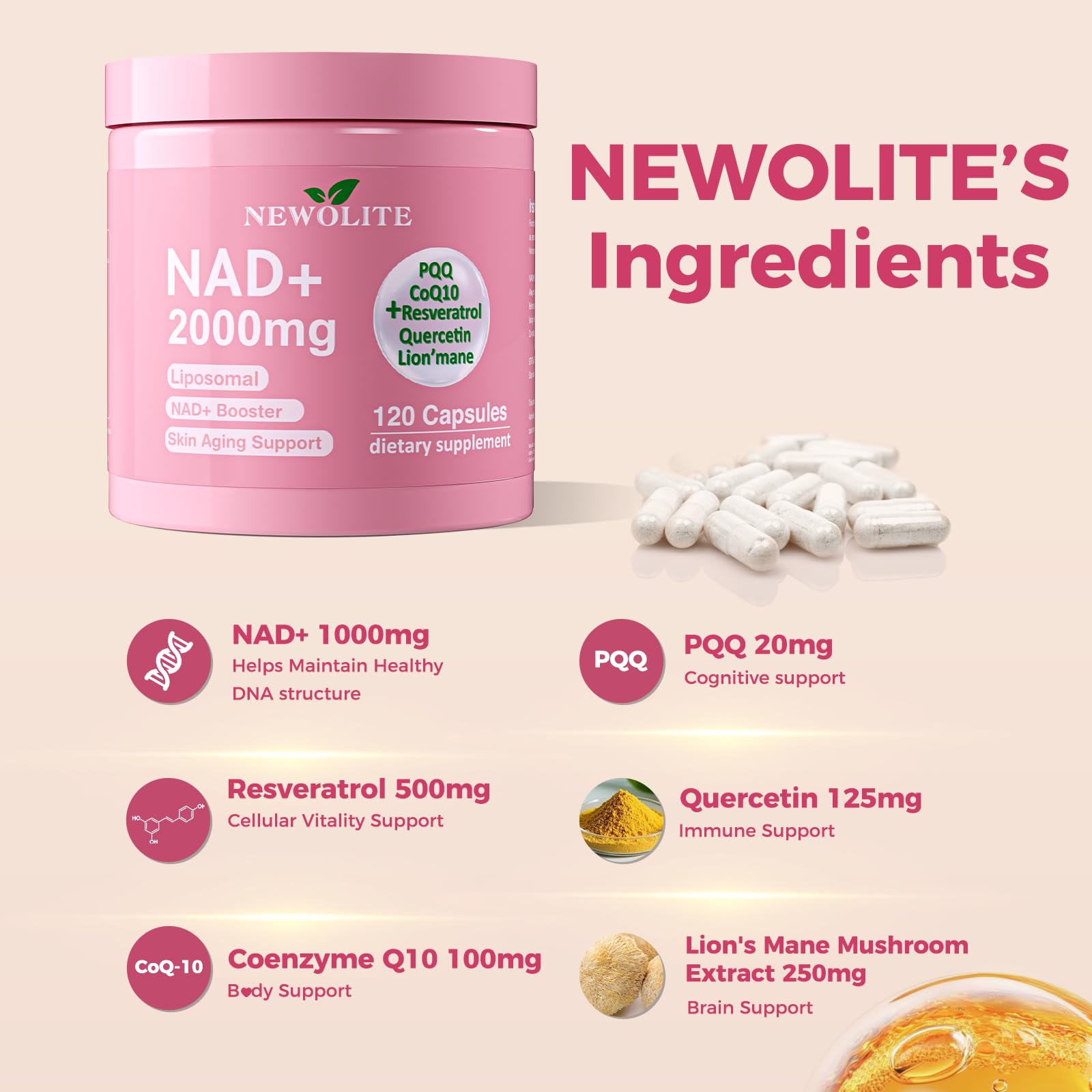 NEWOLITE NAD+ capsules close-up showing smooth pills ready for daily consumption.