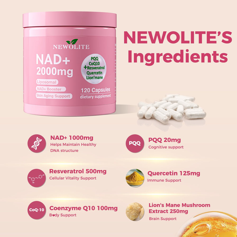 NEWOLITE NAD+ capsules close-up showing smooth pills ready for daily consumption.