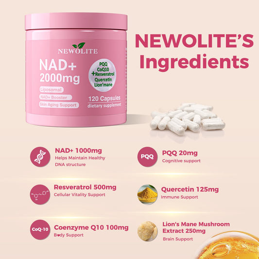 NEWOLITE NAD+ capsules close-up showing smooth pills ready for daily consumption.