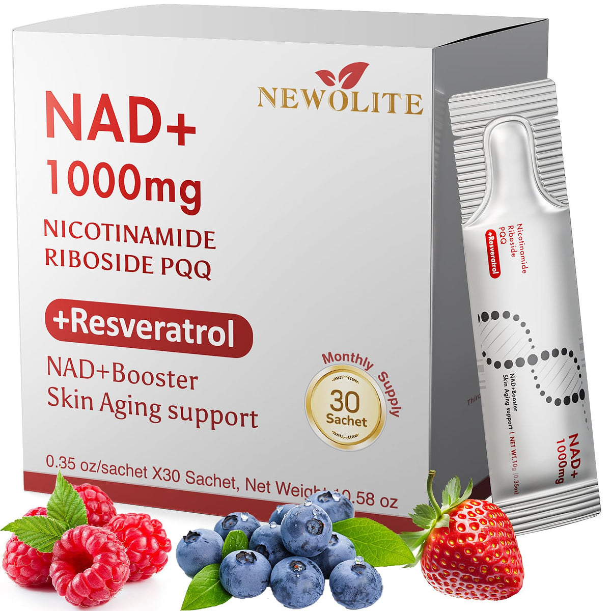 NEWOLITE NAD+ liquid stick pack in berry flavor for daily energy support.
