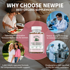Newpie Beef Organs for Women bottle open revealing capsules.
