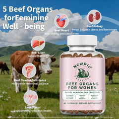 Newpie Beef Organs for Women capsules close-up highlighting individual capsules.