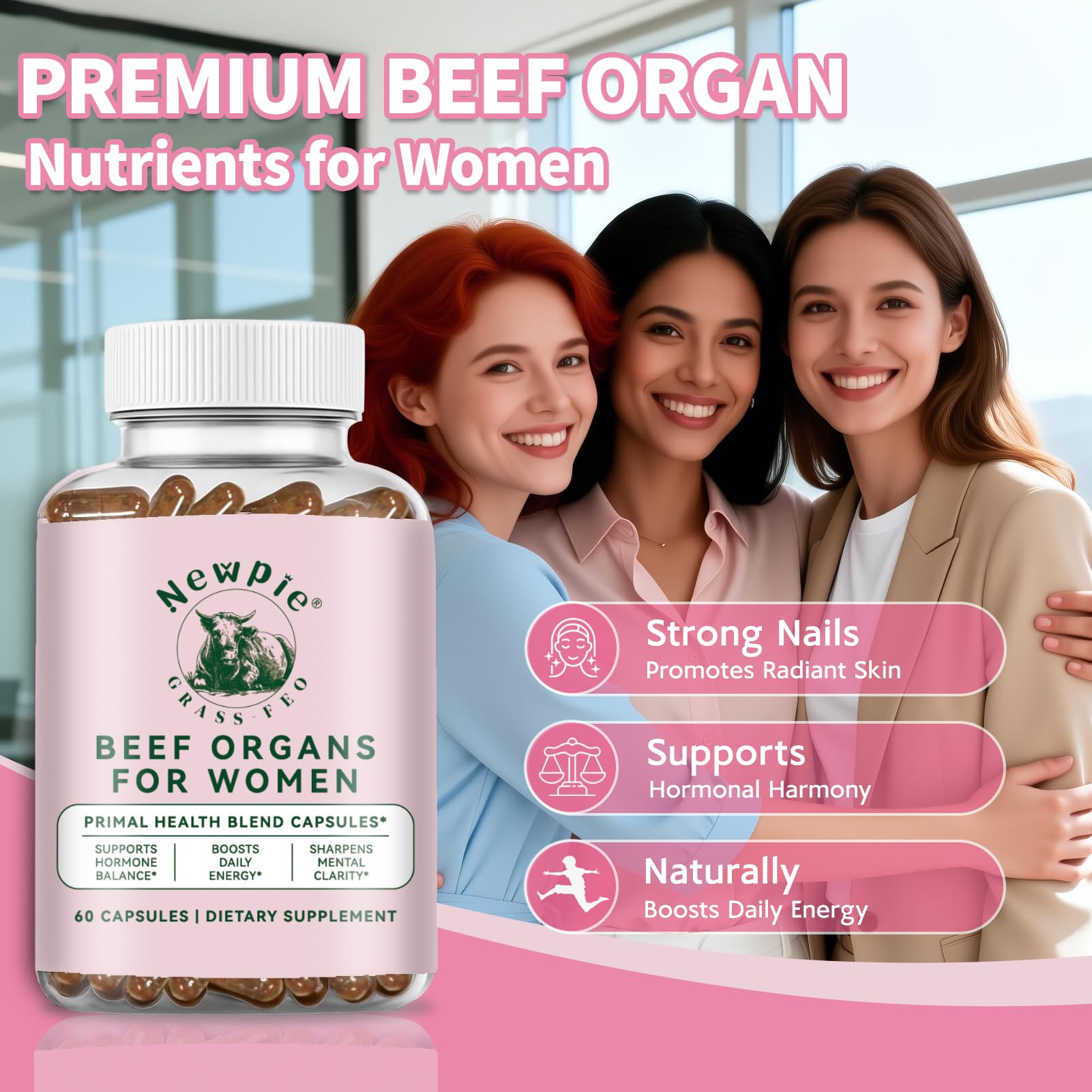 Newpie Beef Organs for Women grass-fed background showcasing natural nutrient source.