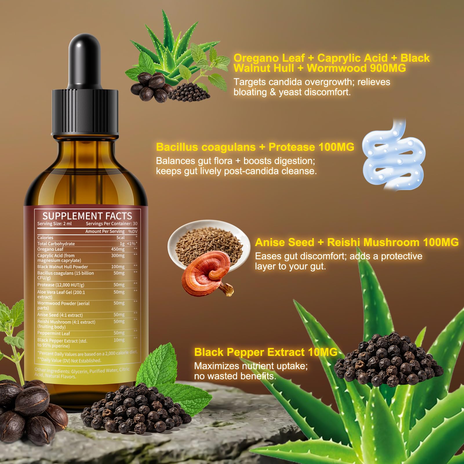 Newpie Candida Cleanse dropper for easy direct or in drink dosing