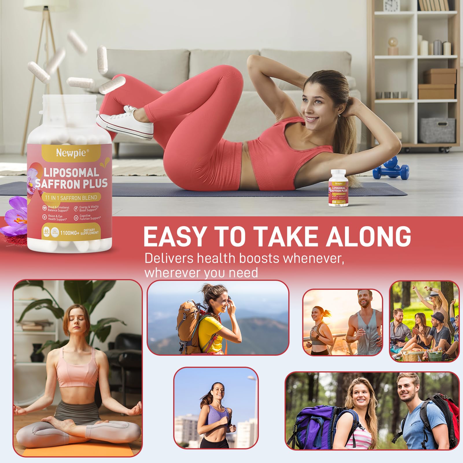 Newpie Saffron Supplements ashwagandha component icon suggesting stress-friendly routine.