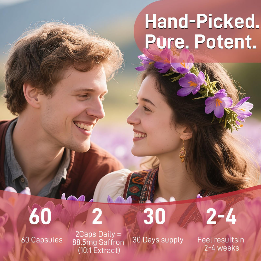 Newpie Saffron Supplements label detail highlighting GMP-certified quality and non-GMO ingredients.