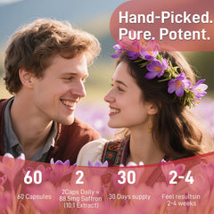 Newpie Saffron Supplements label detail highlighting GMP-certified quality and non-GMO ingredients.
