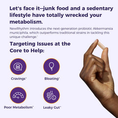 NewRhythm label detail highlights cranberry, blueberry, and pomegranate blend for polyphenol support.