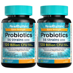 NewRhythm Probiotics bottle displays 120 Billion CFU for digestive support.