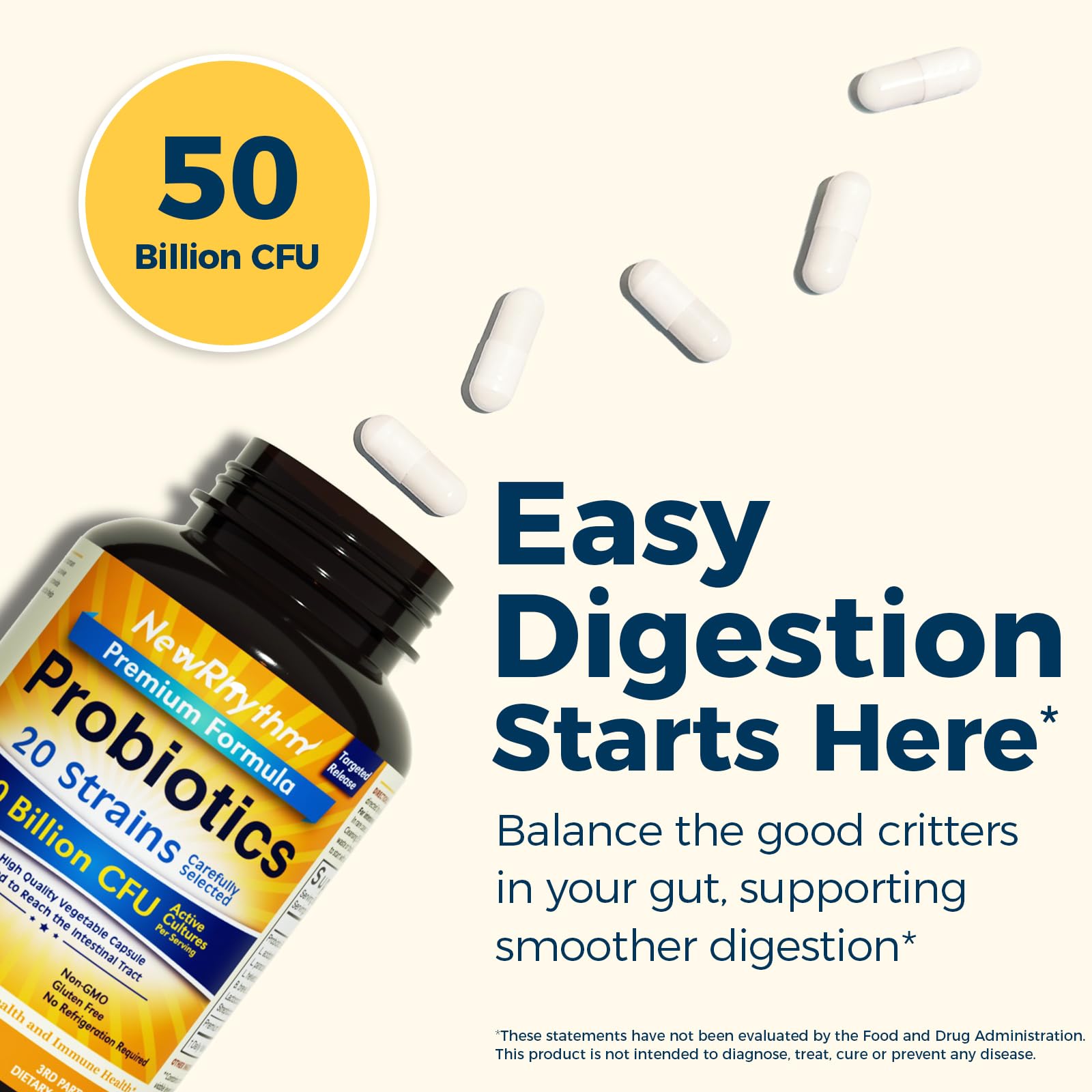 NewRhythm Probiotics bottle label highlights 20 strains and non-GMO gluten-free formulation