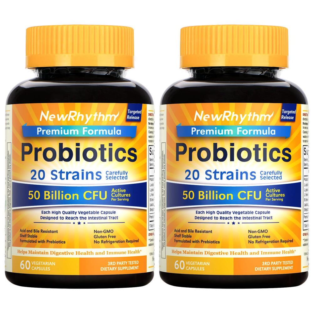 NewRhythm Probiotics bottle front shows 50B CFU for potential digestive support