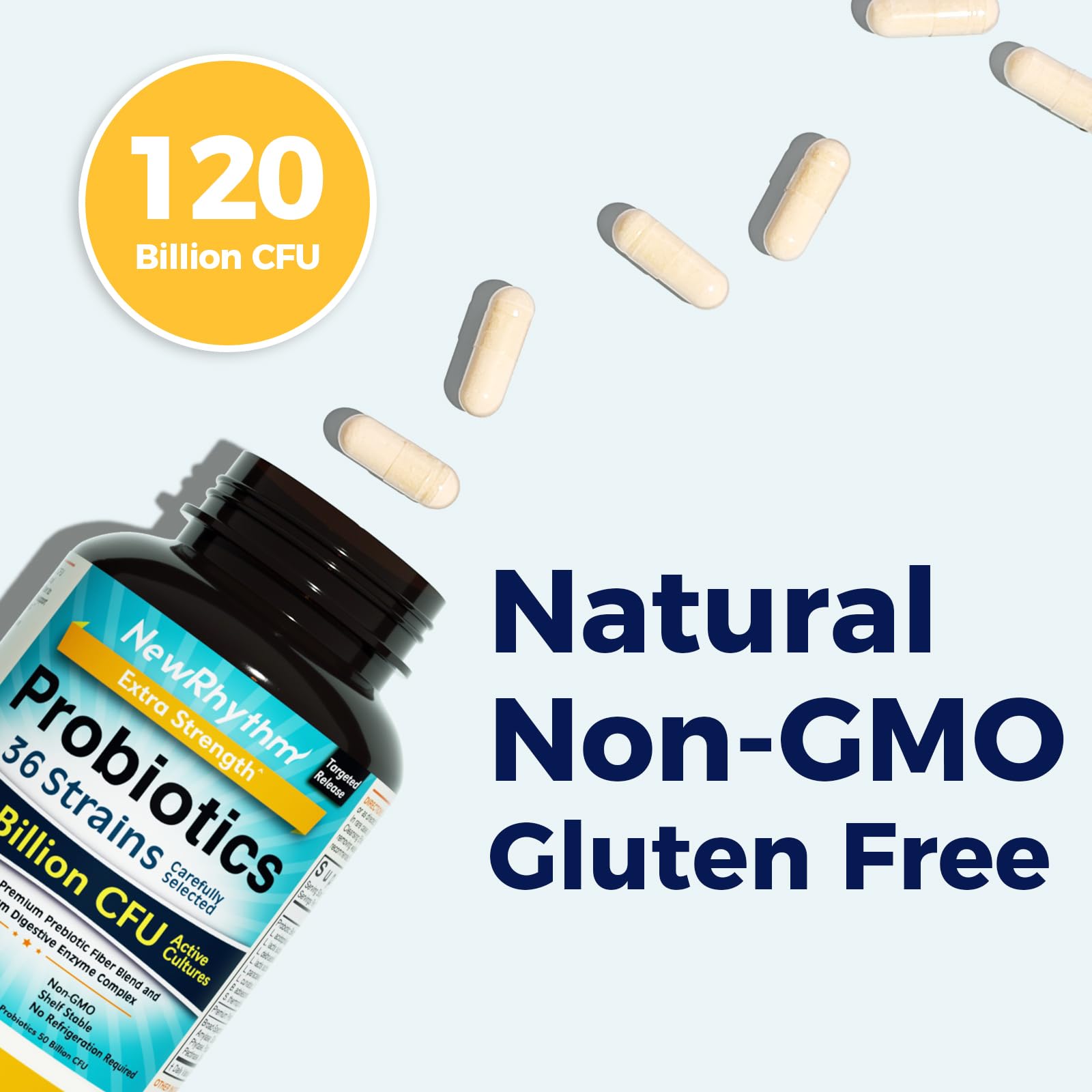 NewRhythm Probiotics bottle back-ingredients shows 36 strains and enzymes.