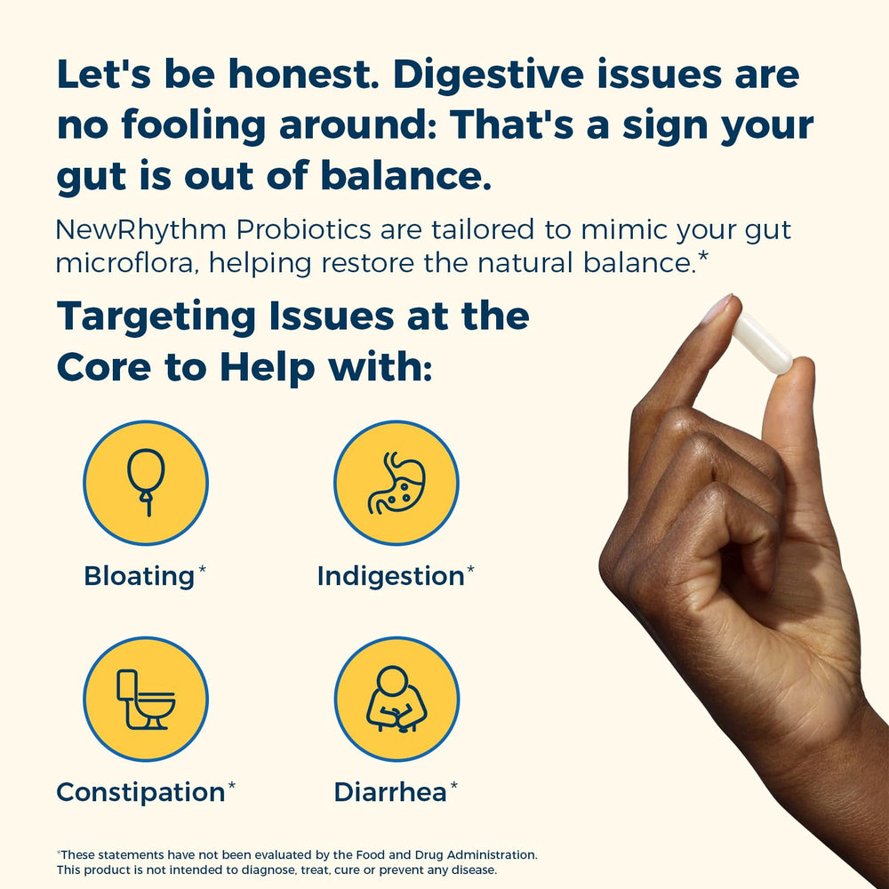 NewRhythm Probiotics capsules close-up, easy-to-swallow daily caplets for routine