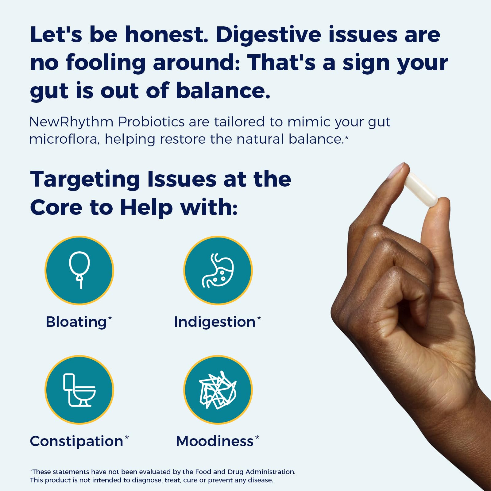 Close-up of NewRhythm Probiotics showing prebiotics and enzymes for digestion.