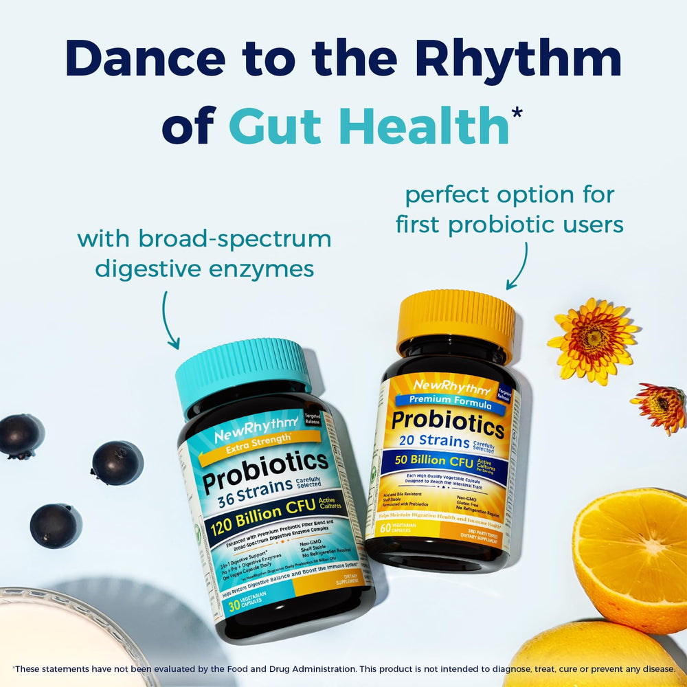 Shelf-stable NewRhythm Probiotics, convenient non-refrigeration storage.