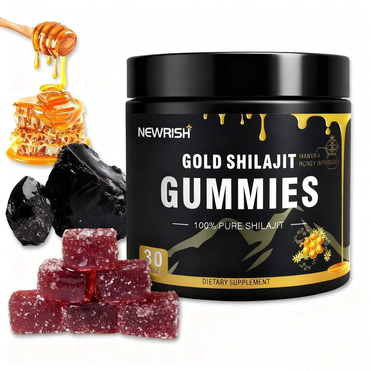 Newrish Shilajit Gummies bottle front view for daily convenient supplementation