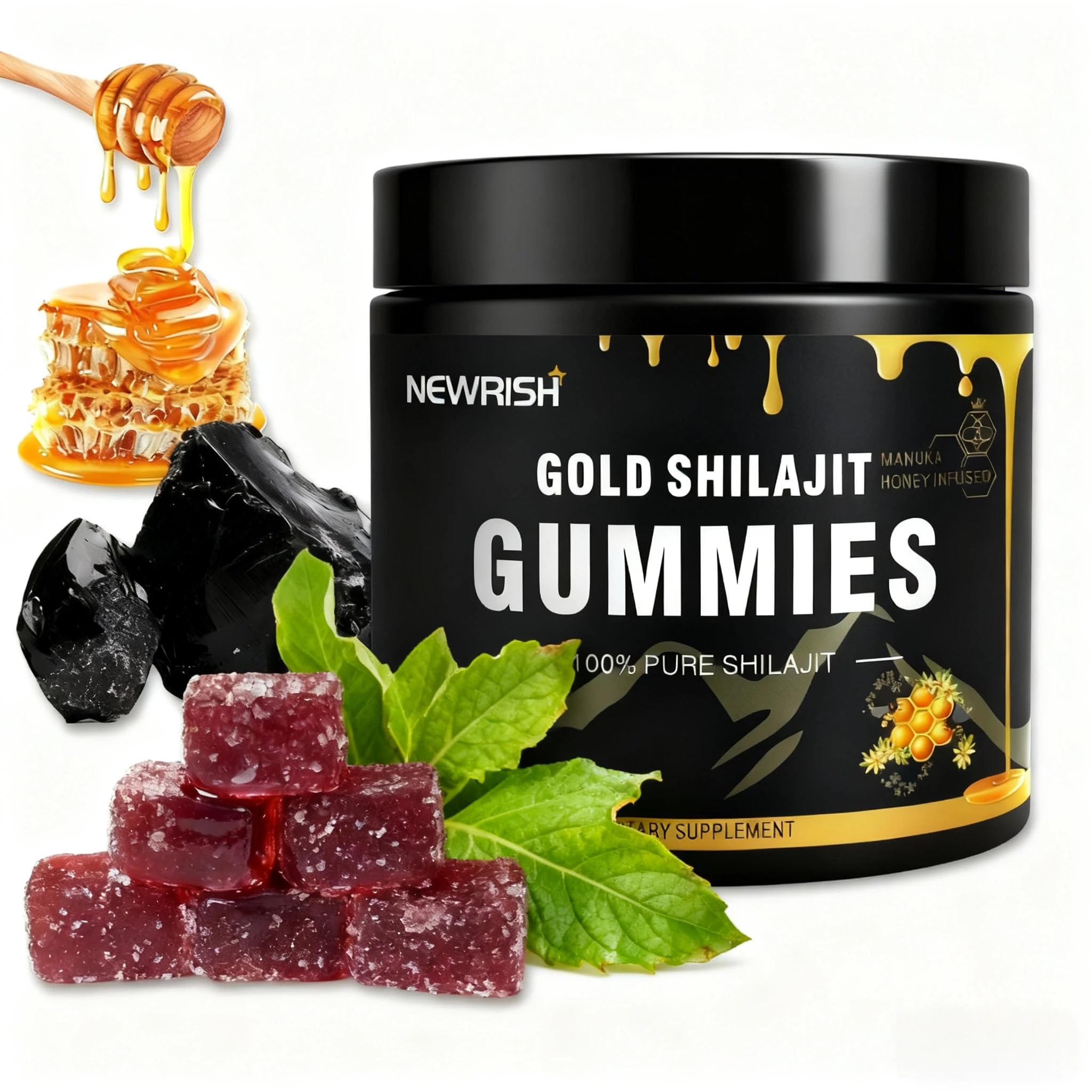 Newrish Shilajit Gummies bottle shows convenient daily-dose packaging for natural wellness.