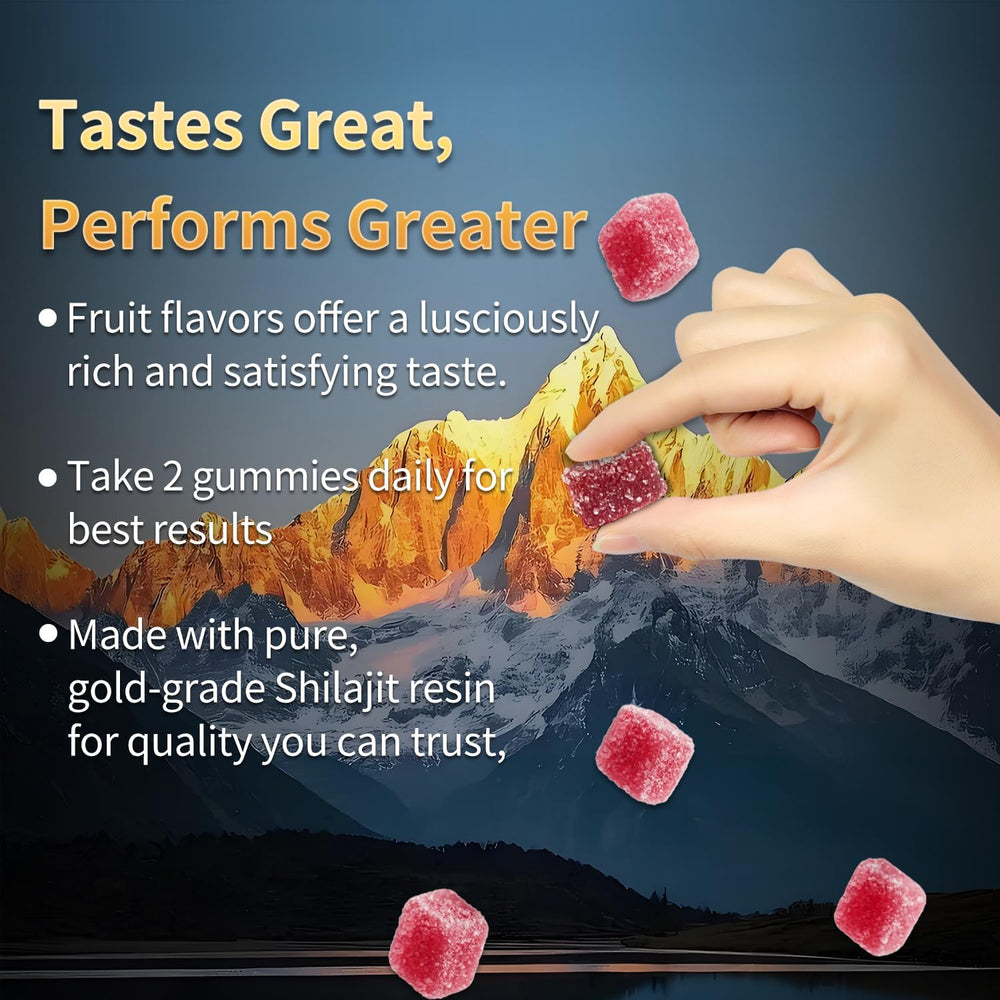 Newrish Shilajit Gummies packaging displays non-GMO and organic labeling.