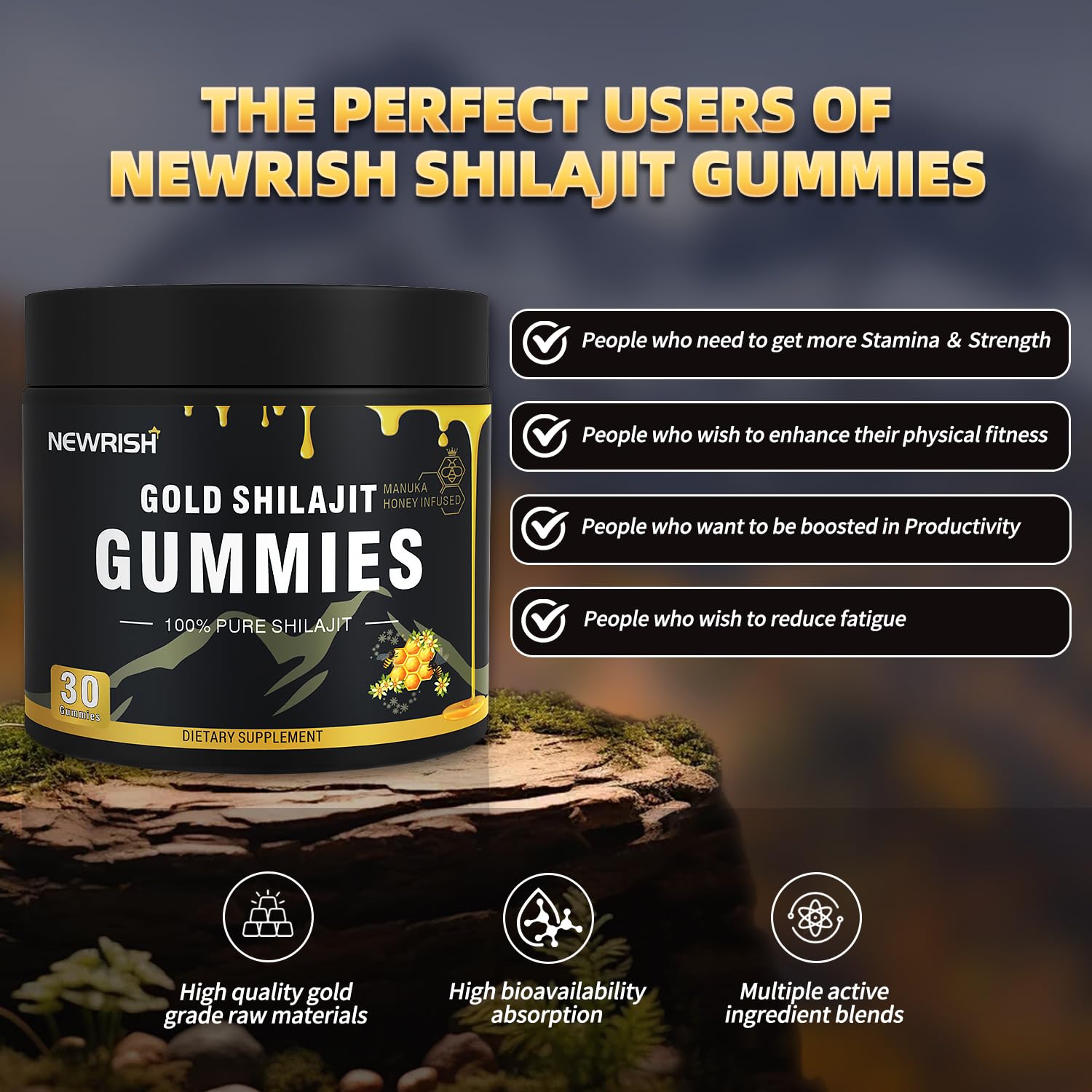 Newrish Shilajit Gummies on travel-friendly wrapper for on-the-go use