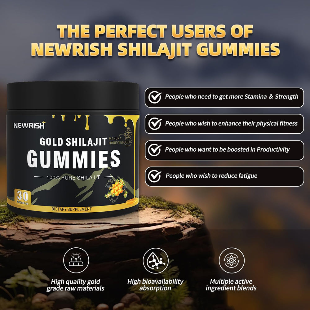 Newrish Shilajit Gummies on travel-friendly wrapper for on-the-go use