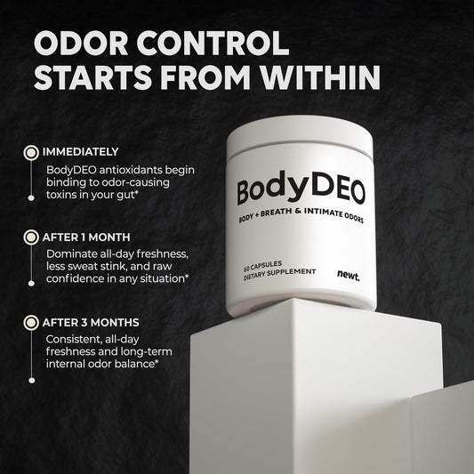 Newt BodyDEO capsules close-up highlighting chlorophyll and odor-control ingredients.