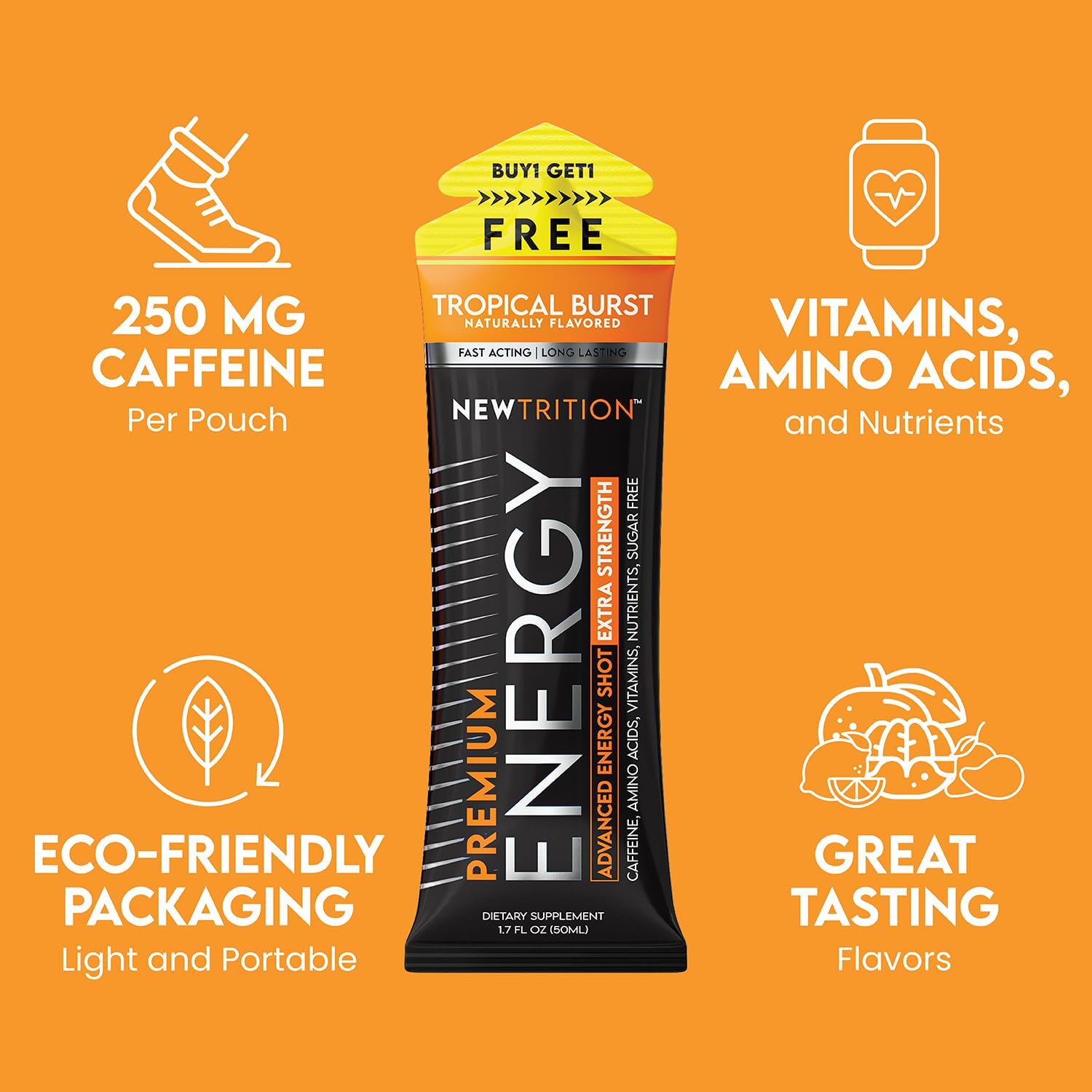 NewTrition energy shot ingredients highlight vitamins and amino acids supporting energy production and focus.