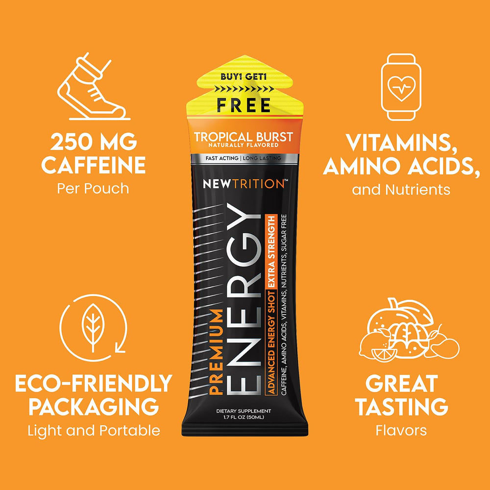 NewTrition energy shot ingredients highlight vitamins and amino acids supporting energy production and focus.