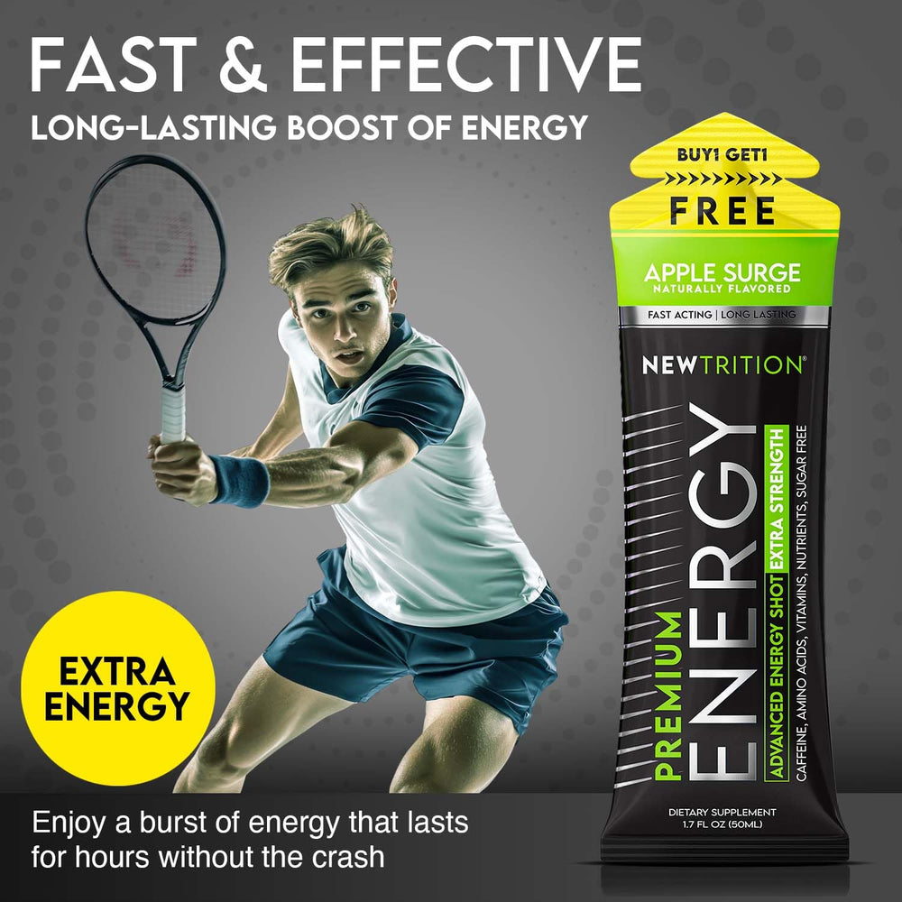 NewTrition energy shot bottle label close-up highlights 250mg caffeine and vitamins.