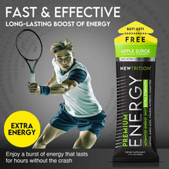 NewTrition energy shot bottle label close-up highlights 250mg caffeine and vitamins.